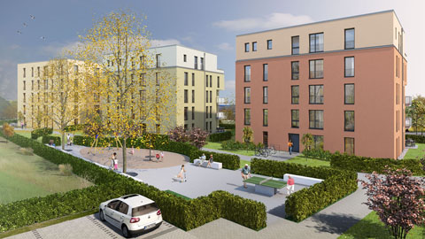 3D Architektur-Visualisierung Wohnungsbau Caspari-Höfe in Braunschweig - Architektur Illustration für den Baugenossenschaft ›Wiederaufbau‹ eG Braunschweig, Schaub & Partner Architekten Hamburg